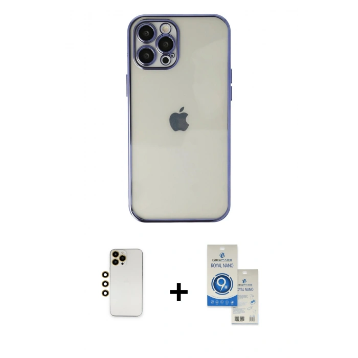 MARSİLYAN™- iPhone 12 Pro Max Kılıf Vadi Minimal - Şeffaf Royal Nano Ekran Koruyucu + Shine Kamera Lens - GD