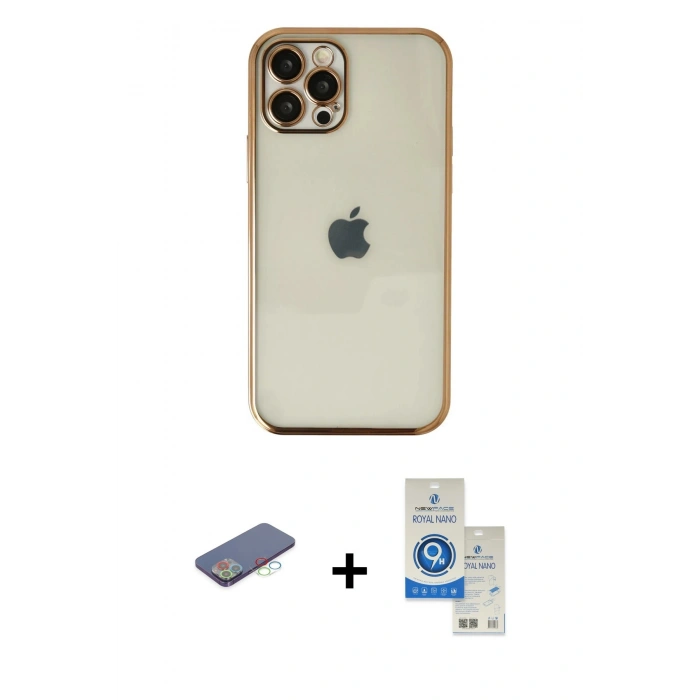 MARSİLYAN™- iPhone 12 Pro Max Kılıf Vadi Minimal - Şeffaf Royal Nano Ekran Koruyucu + Renkli Kamera Lens Koruma Cam - MI
