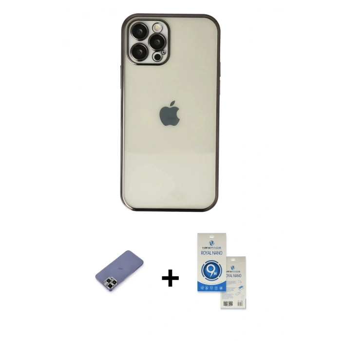MARSİLYAN™- iPhone 12 Pro Max Kılıf Vadi Minimal - Şeffaf Royal Nano Ekran Koruyucu + Metal Kamera Lens Koruma Cam - GD