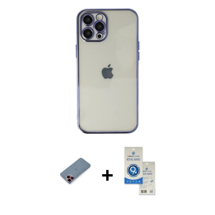 MARSİLYAN™- iPhone 12 Pro Max Kılıf Vadi Minimal - Şeffaf Royal Nano Ekran Koruyucu + Metal Kamera Lens Koruma Cam - KI
