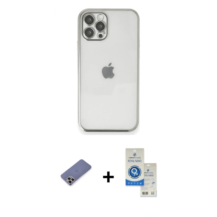 MARSİLYAN™- iPhone 12 Pro Max Kılıf Vadi Minimal - Şeffaf Royal Nano Ekran Koruyucu + Metal Kamera Lens Koruma Cam - GD