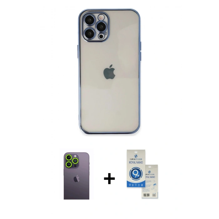 MARSİLYAN™- iPhone 12 Pro Max Kılıf Vadi Minimal - Şeffaf Royal Nano Ekran Koruyucu + Neon Fosforlu Kamera Lens - YL