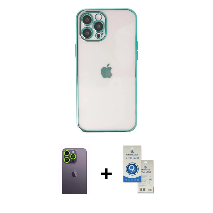 MARSİLYAN™- iPhone 12 Pro Max Kılıf Vadi Minimal - Şeffaf Royal Nano Ekran Koruyucu + Neon Fosforlu Kamera Lens - YL