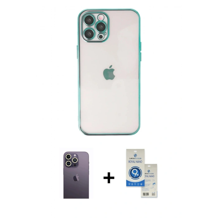 MARSİLYAN™- iPhone 12 Pro Max Kılıf Vadi Minimal - Şeffaf Royal Nano Ekran Koruyucu + Neon Fosforlu Kamera Lens - BZ