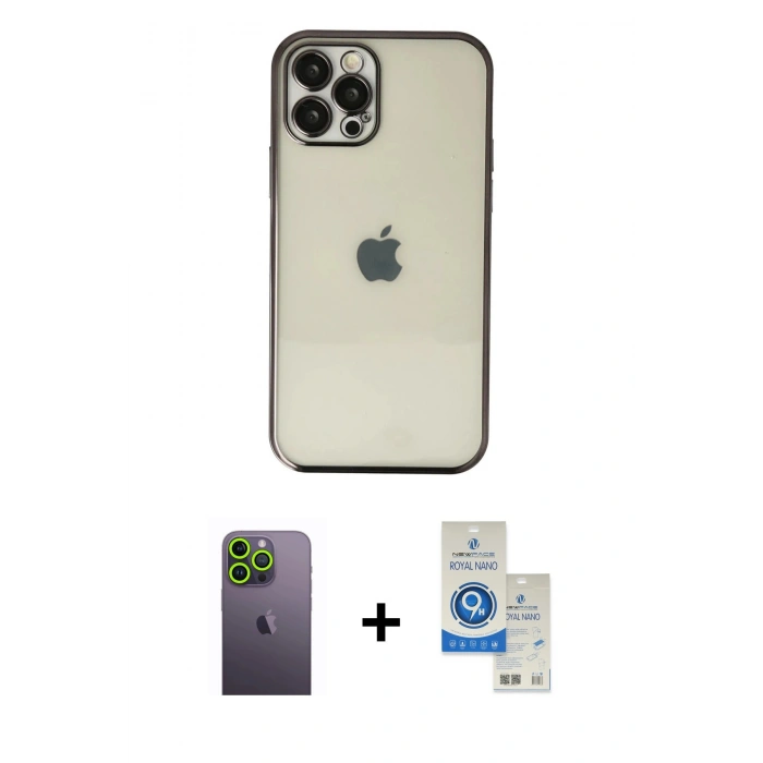 MARSİLYAN™- iPhone 12 Pro Max Kılıf Vadi Minimal - Şeffaf Royal Nano Ekran Koruyucu + Neon Fosforlu Kamera Lens - YL