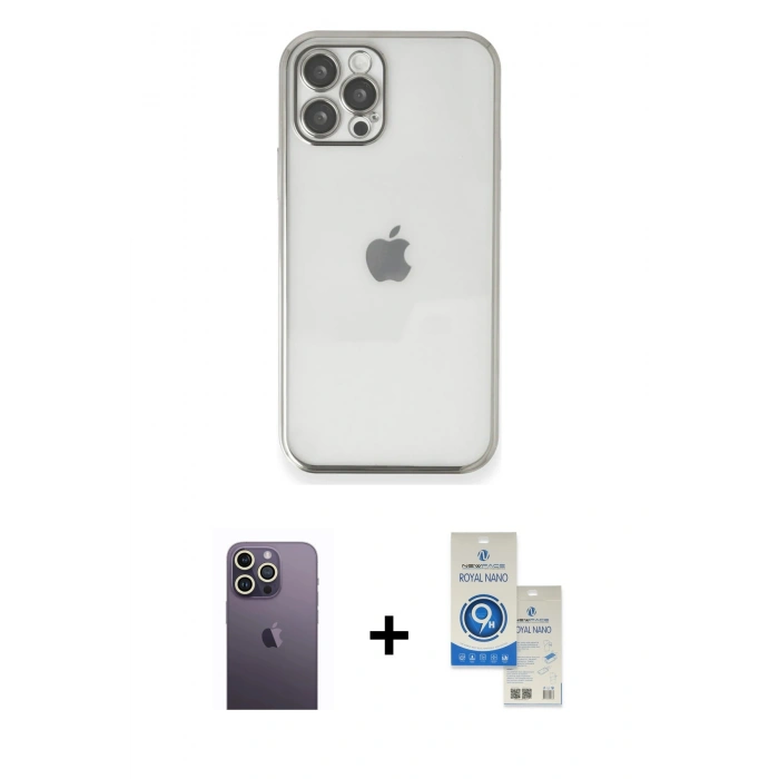 MARSİLYAN™- iPhone 12 Pro Max Kılıf Vadi Minimal - Şeffaf Royal Nano Ekran Koruyucu + Neon Fosforlu Kamera Lens - BZ
