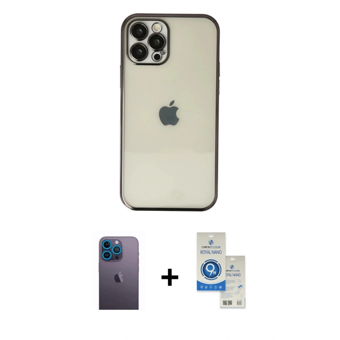 MARSİLYAN™- iPhone 12 Pro Max Kılıf Vadi Minimal - Şeffaf Royal Nano Ekran Koruyucu + Neon Fosforlu Kamera Lens - MI