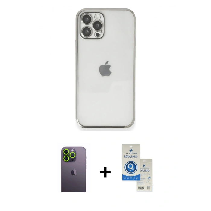 MARSİLYAN™- iPhone 12 Pro Max Kılıf Vadi Minimal - Şeffaf Royal Nano Ekran Koruyucu + Neon Fosforlu Kamera Lens - YL