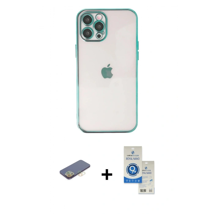 MARSİLYAN™- iPhone 12 Pro Max Kılıf Vadi Minimal - Şeffaf Royal Nano Ekran Koruyucu + Renkli Kamera Lens Koruma Cam - SI