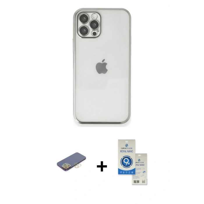 MARSİLYAN™- iPhone 12 Pro Max Kılıf Vadi Minimal - Şeffaf Royal Nano Ekran Koruyucu + Renkli Kamera Lens Koruma Cam - SI