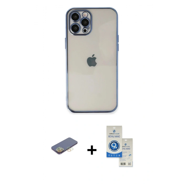 MARSİLYAN™- iPhone 12 Pro Max Kılıf Vadi Minimal - Şeffaf Royal Nano Ekran Koruyucu + Renkli Kamera Lens Koruma Cam - SI