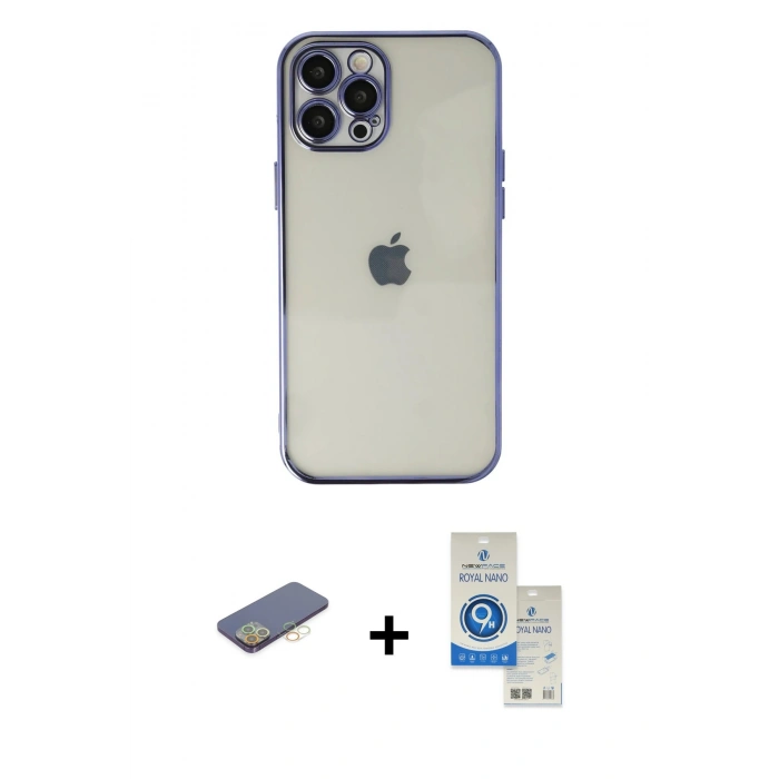 MARSİLYAN™- iPhone 12 Pro Max Kılıf Vadi Minimal - Şeffaf Royal Nano Ekran Koruyucu + Renkli Kamera Lens Koruma Cam - SI
