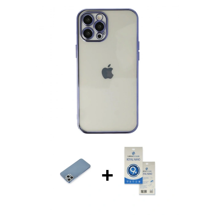 MARSİLYAN™- iPhone 12 Pro Max Kılıf Vadi Minimal - Şeffaf Royal Nano Ekran Koruyucu + Shine Kamera Lens Koruma Cam - GS