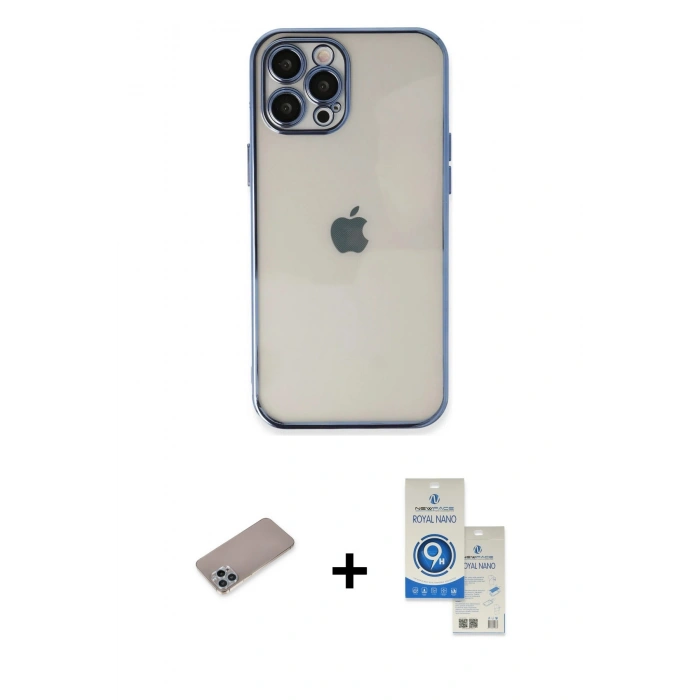 MARSİLYAN™- iPhone 12 Pro Max Kılıf Vadi Minimal - Şeffaf Royal Nano Ekran Koruyucu + Sierra Blue Shine Kamera Lens Koruma Cam
