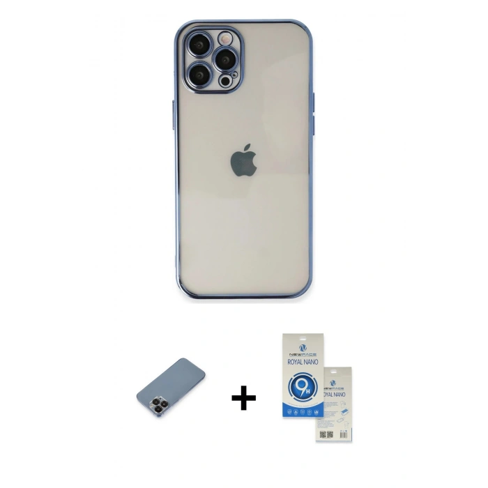 MARSİLYAN™- iPhone 12 Pro Max Kılıf Vadi Minimal - Şeffaf Royal Nano Ekran Koruyucu + Siyah Metal Kamera Lens Koruma Cam