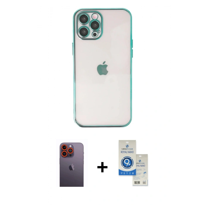 MARSİLYAN™- iPhone 12 Pro Max Kılıf Vadi Minimal - Şeffaf Royal Nano Ekran Koruyucu + Neon Fosforlu Kamera Lens - TU