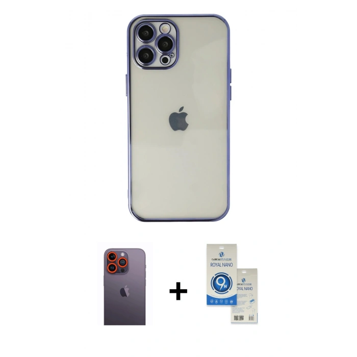 MARSİLYAN™- iPhone 12 Pro Max Kılıf Vadi Minimal - Şeffaf Royal Nano Ekran Koruyucu + Neon Fosforlu Kamera Lens - TU