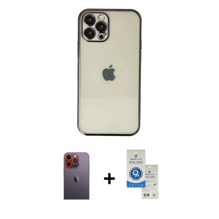 MARSİLYAN™- iPhone 12 Pro Max Kılıf Vadi Minimal - Şeffaf Royal Nano Ekran Koruyucu + Neon Fosforlu Kamera Lens - TU