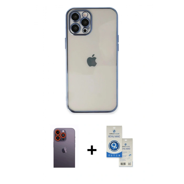 MARSİLYAN™- iPhone 12 Pro Max Kılıf Vadi Minimal - Şeffaf Royal Nano Ekran Koruyucu + Neon Fosforlu Kamera Lens - TU