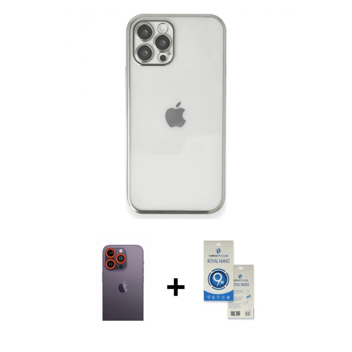MARSİLYAN™- iPhone 12 Pro Max Kılıf Vadi Minimal - Şeffaf Royal Nano Ekran Koruyucu + Neon Fosforlu Kamera Lens - TU