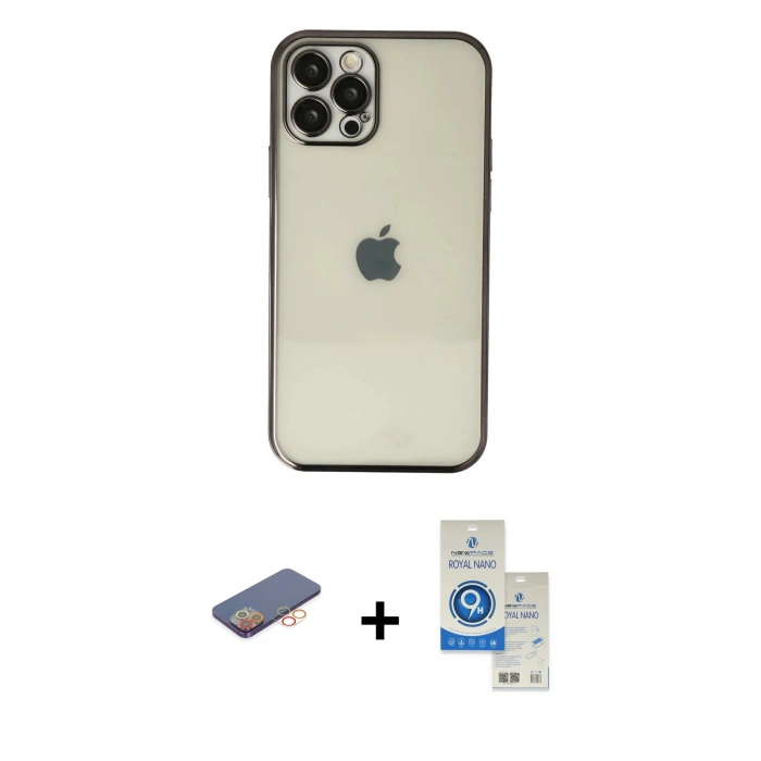 MARSİLYAN™- iPhone 12 Pro Max Kılıf Vadi Minimal - Şeffaf Royal Nano Ekran Koruyucu + Renkli Kamera Lens Koruma Cam - TU