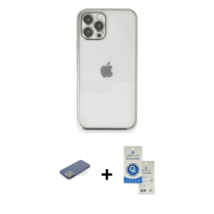 MARSİLYAN™- iPhone 12 Pro Max Kılıf Vadi Minimal - Şeffaf Royal Nano Ekran Koruyucu + Renkli Kamera Lens Koruma Cam - YL