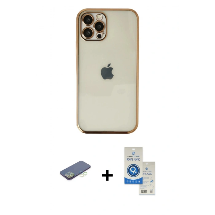 MARSİLYAN™- iPhone 12 Pro Max Kılıf Vadi Minimal - Şeffaf Royal Nano Ekran Koruyucu + Renkli Kamera Lens Koruma Cam - YL