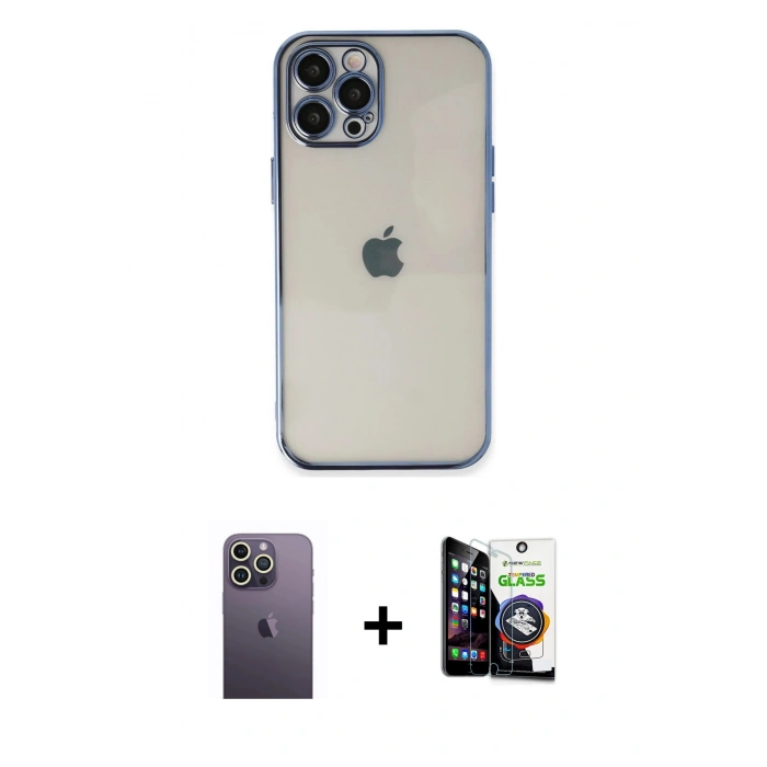 MARSİLYAN™- iPhone 12 Pro Max Kılıf Vadi Minimal - Şeffaf Temperli Cam Ekran Koruyucu + Neon Fosforlu Kamera Lens - BZ