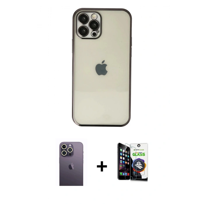 MARSİLYAN™- iPhone 12 Pro Max Kılıf Vadi Minimal - Şeffaf Temperli Cam Ekran Koruyucu + Neon Fosforlu Kamera Lens - BZ