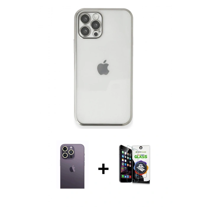 MARSİLYAN™- iPhone 12 Pro Max Kılıf Vadi Minimal - Şeffaf Temperli Cam Ekran Koruyucu + Neon Fosforlu Kamera Lens - BZ