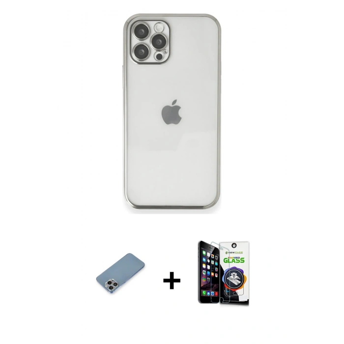 MARSİLYAN™- iPhone 12 Pro Max Kılıf Vadi Minimal - Şeffaf Temperli Cam Ekran Koruyucu + Gökkuşağı Shine Kamera Lens Koruma Cam