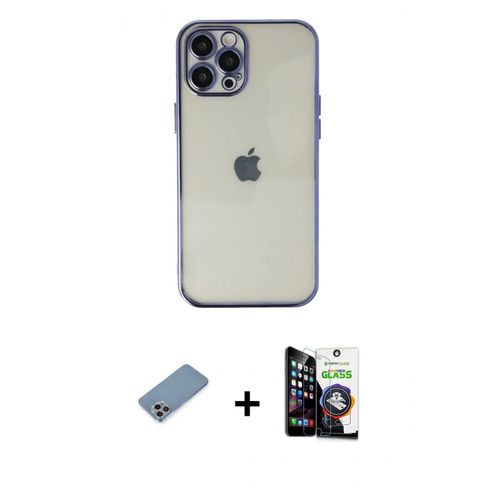 MARSİLYAN™- iPhone 12 Pro Max Kılıf Vadi Minimal - Şeffaf Temperli Cam Ekran Koruyucu + Gökkuşağı Shine Kamera Lens Koruma Cam