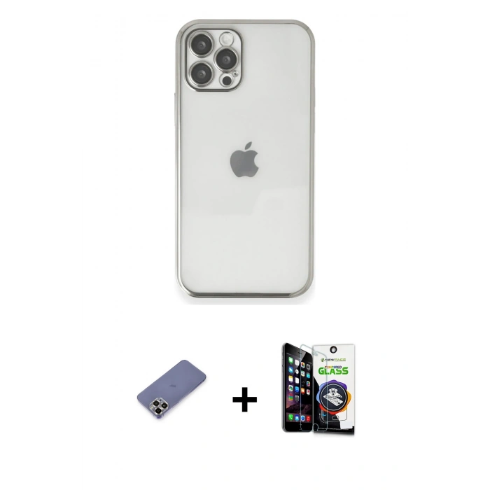 MARSİLYAN™- iPhone 12 Pro Max Kılıf Vadi Minimal - Şeffaf Temperli Cam Ekran Koruyucu + Metal Kamera Lens Koruma Cam - GD