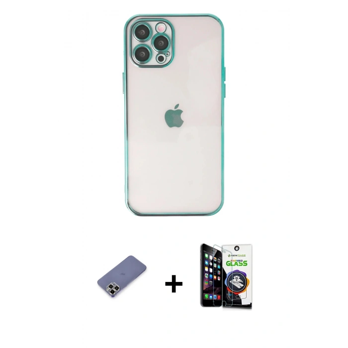 MARSİLYAN™- iPhone 12 Pro Max Kılıf Vadi Minimal - Şeffaf Temperli Cam Ekran Koruyucu + Metal Kamera Lens Koruma Cam - GD