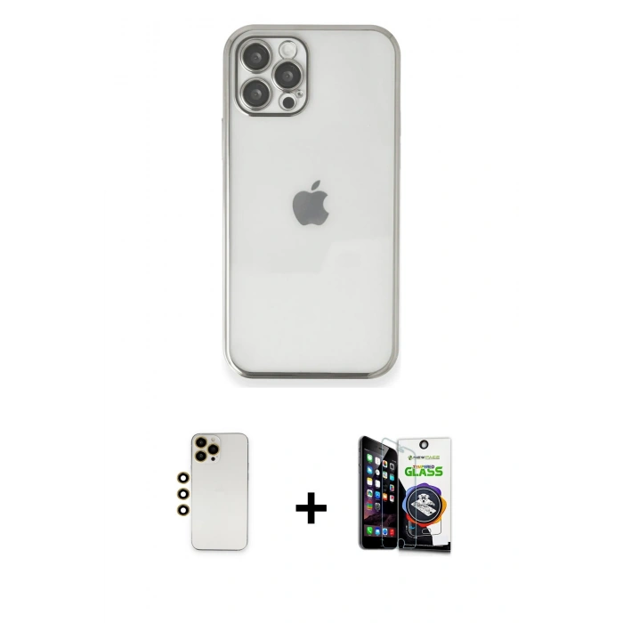 MARSİLYAN™- iPhone 12 Pro Max Kılıf Vadi Minimal - Şeffaf Temperli Cam Ekran Koruyucu + Gold Shine Kamera Lens
