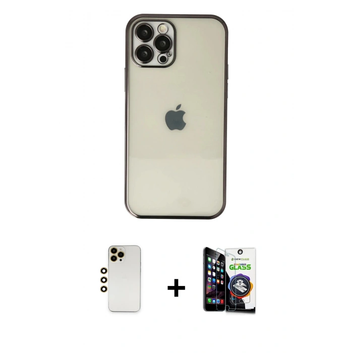 MARSİLYAN™- iPhone 12 Pro Max Kılıf Vadi Minimal - Şeffaf Temperli Cam Ekran Koruyucu + Gold Shine Kamera Lens