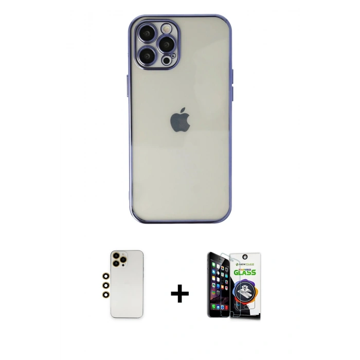 MARSİLYAN™- iPhone 12 Pro Max Kılıf Vadi Minimal - Şeffaf Temperli Cam Ekran Koruyucu + Gold Shine Kamera Lens