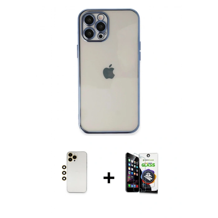 MARSİLYAN™- iPhone 12 Pro Max Kılıf Vadi Minimal - Şeffaf Temperli Cam Ekran Koruyucu + Gold Shine Kamera Lens