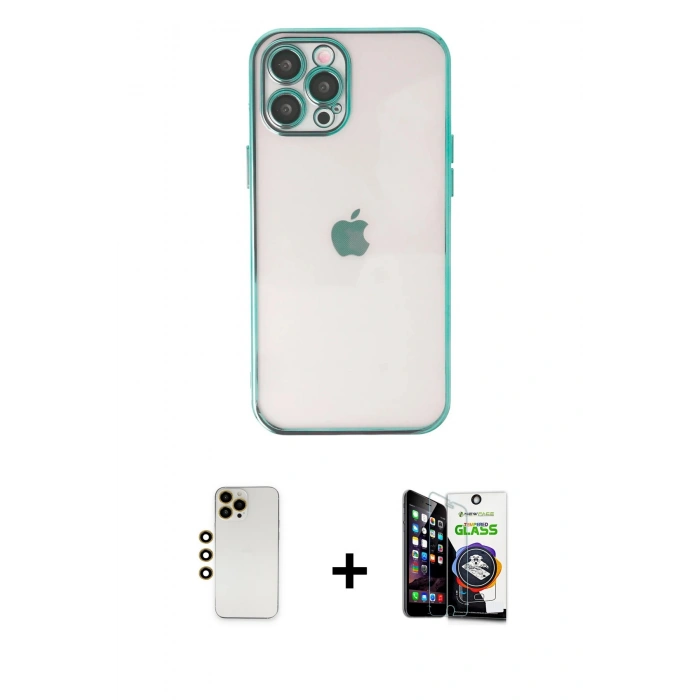 MARSİLYAN™- iPhone 12 Pro Max Kılıf Vadi Minimal - Şeffaf Temperli Cam Ekran Koruyucu + Gold Shine Kamera Lens