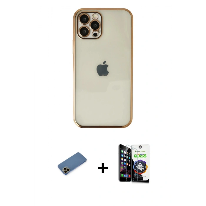 MARSİLYAN™- iPhone 12 Pro Max Kılıf Vadi Minimal - Şeffaf Temperli Cam Ekran Koruyucu + Shine Kamera Lens Koruma Cam - GD