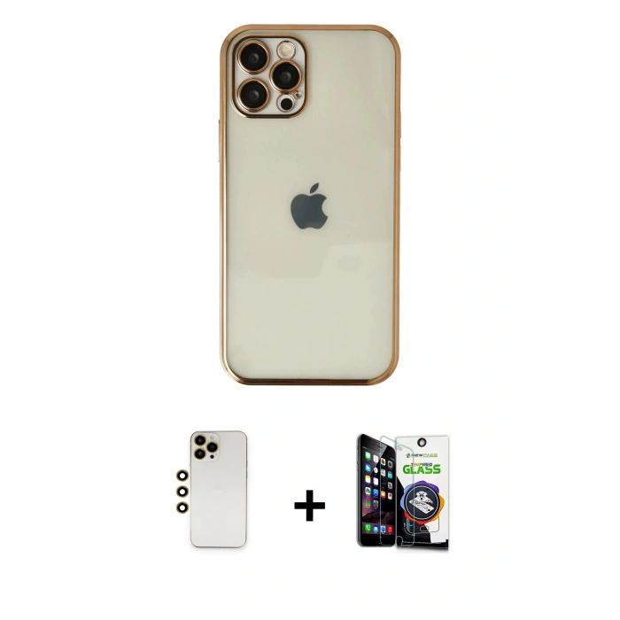 MARSİLYAN™- iPhone 12 Pro Max Kılıf Vadi Minimal - Şeffaf Temperli Cam Ekran Koruyucu + Gold Shine Kamera Lens