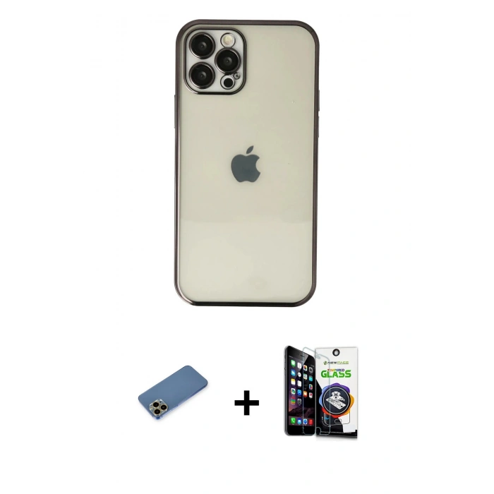 MARSİLYAN™- iPhone 12 Pro Max Kılıf Vadi Minimal - Şeffaf Temperli Cam Ekran Koruyucu + Shine Kamera Lens Koruma Cam - GD