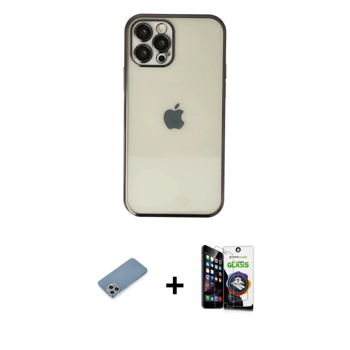 MARSİLYAN™- iPhone 12 Pro Max Kılıf Vadi Minimal - Şeffaf Temperli Cam Ekran Koruyucu + Shine Kamera Lens Koruma Cam - GS