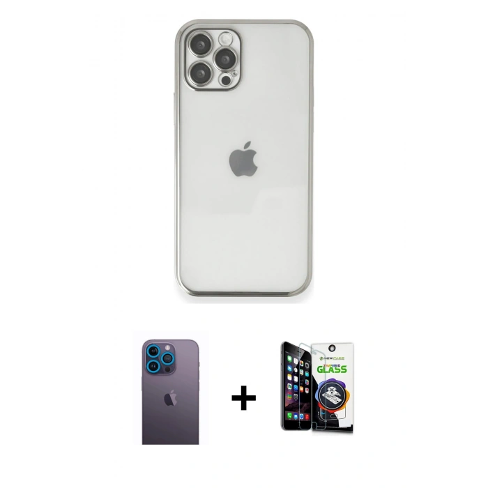 MARSİLYAN™- iPhone 12 Pro Max Kılıf Vadi Minimal - Şeffaf Temperli Cam Ekran Koruyucu + Mavi Neon Fosforlu Kamera Lens