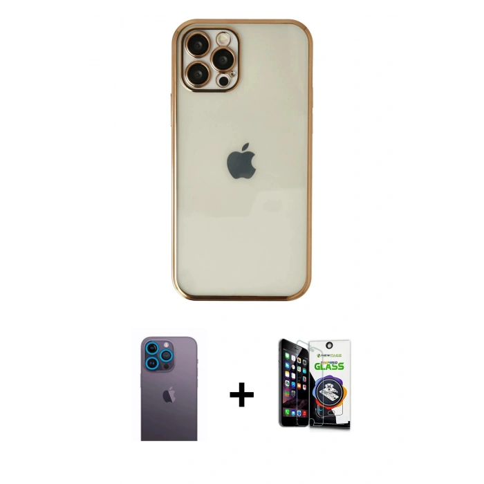 MARSİLYAN™- iPhone 12 Pro Max Kılıf Vadi Minimal - Şeffaf Temperli Cam Ekran Koruyucu + Mavi Neon Fosforlu Kamera Lens