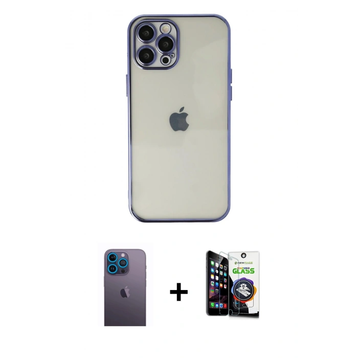 MARSİLYAN™- iPhone 12 Pro Max Kılıf Vadi Minimal - Şeffaf Temperli Cam Ekran Koruyucu + Mavi Neon Fosforlu Kamera Lens