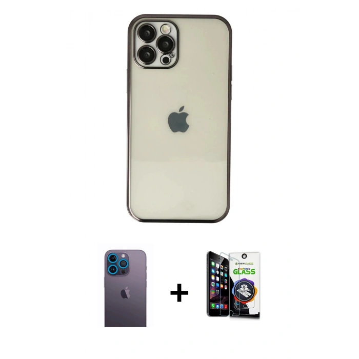 MARSİLYAN™- iPhone 12 Pro Max Kılıf Vadi Minimal - Şeffaf Temperli Cam Ekran Koruyucu + Mavi Neon Fosforlu Kamera Lens