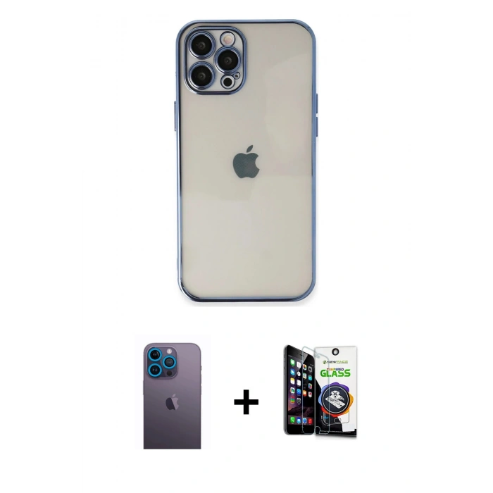 MARSİLYAN™- iPhone 12 Pro Max Kılıf Vadi Minimal - Şeffaf Temperli Cam Ekran Koruyucu + Mavi Neon Fosforlu Kamera Lens