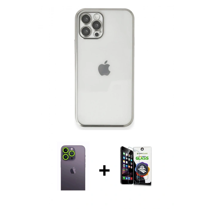 MARSİLYAN™- iPhone 12 Pro Max Kılıf Vadi Minimal - Şeffaf Temperli Cam Ekran Koruyucu + Neon Fosforlu Kamera Lens - YL