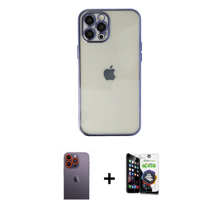 MARSİLYAN™- iPhone 12 Pro Max Kılıf Vadi Minimal - Şeffaf Temperli Cam Ekran Koruyucu + Neon Fosforlu Kamera Lens - TU